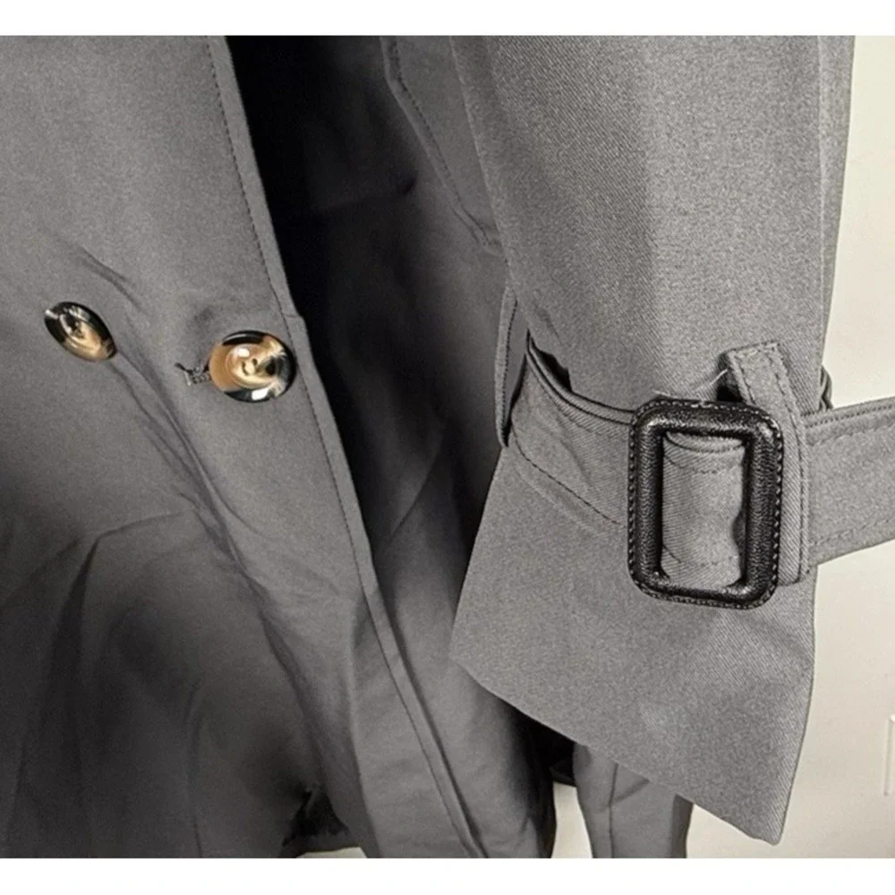 Katch Me Women's L Notch‎ Lapel Double Breasted Belt Trench Coat Gray NEW